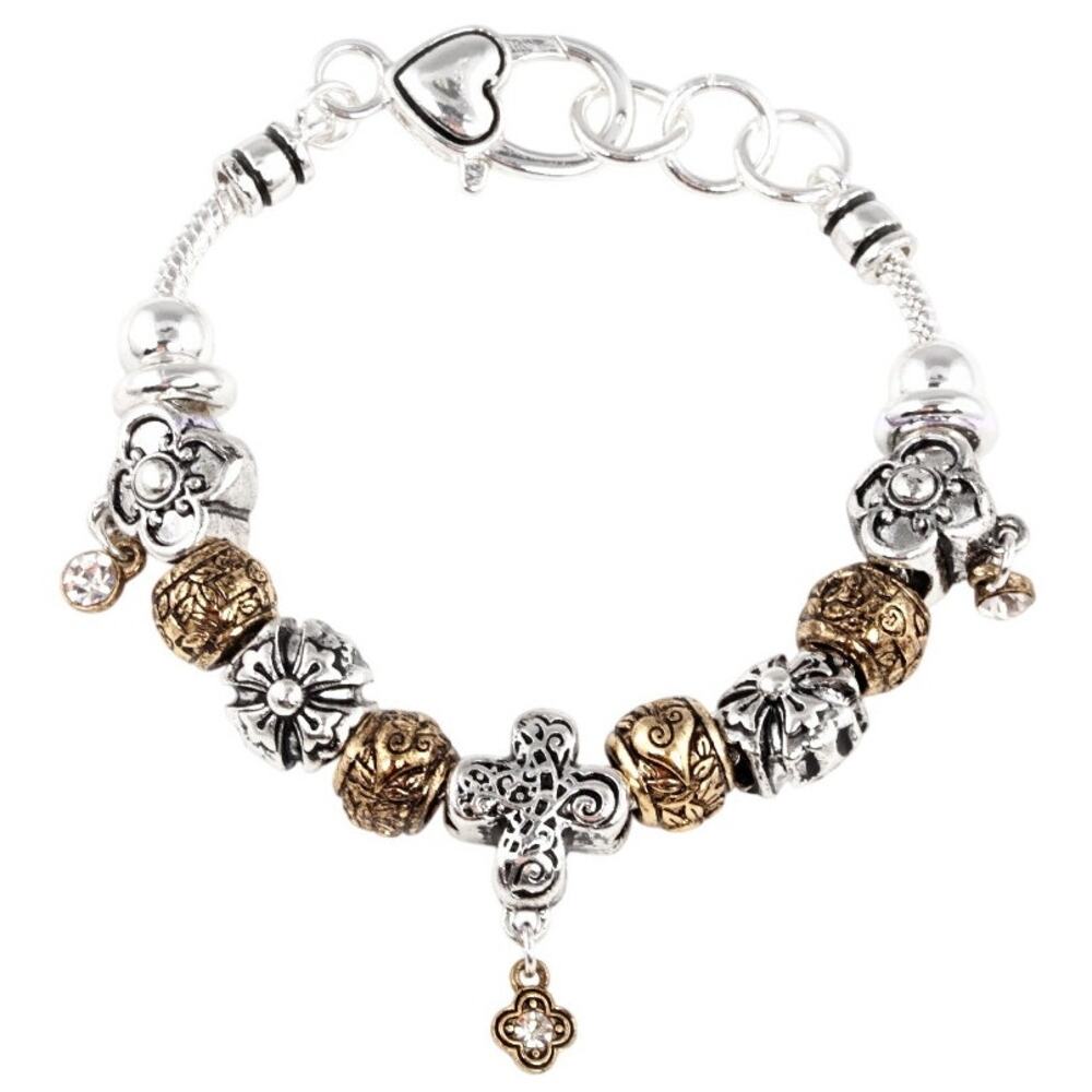 Two Toned Cross & Heart Charm Bracelet With Adjustable Lobster Clasp Closure